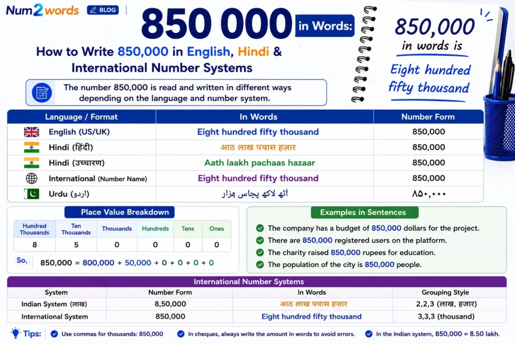 850 000 in Words: How to Write 850,000 in English, Hindi & International Number Systems